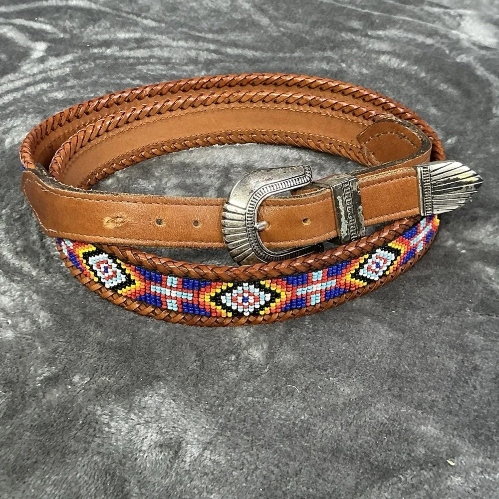 Vintage 90's Women Beaded Western Leather Belt Sz 42 Aztec Native American Rodeo